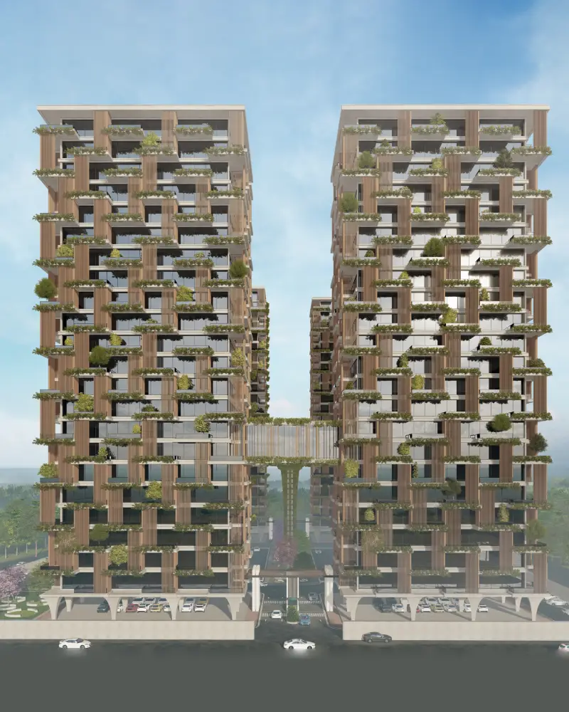 Multi-unit residential architecture by BloxDot, twin-tower apartment building.