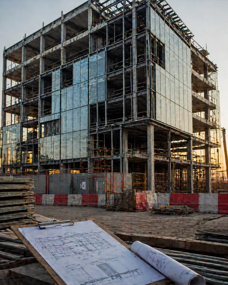 Commercial shell-and-core building under construction, BloxDot project.