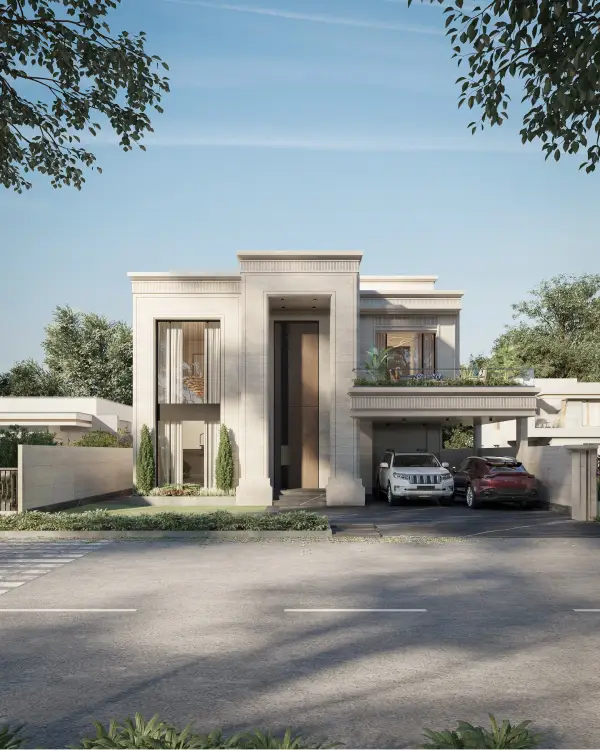 Greystone Villa exterior, symmetrical neoclassical villa, Lahore.