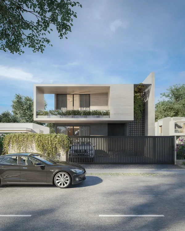 The Grid House interior, residential design with marble, wood, and precise linear lighting, Lahore.