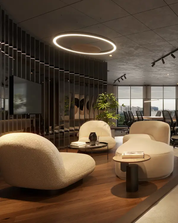 TopSpot Media interior, cinematic dark office fitout, Lahore.