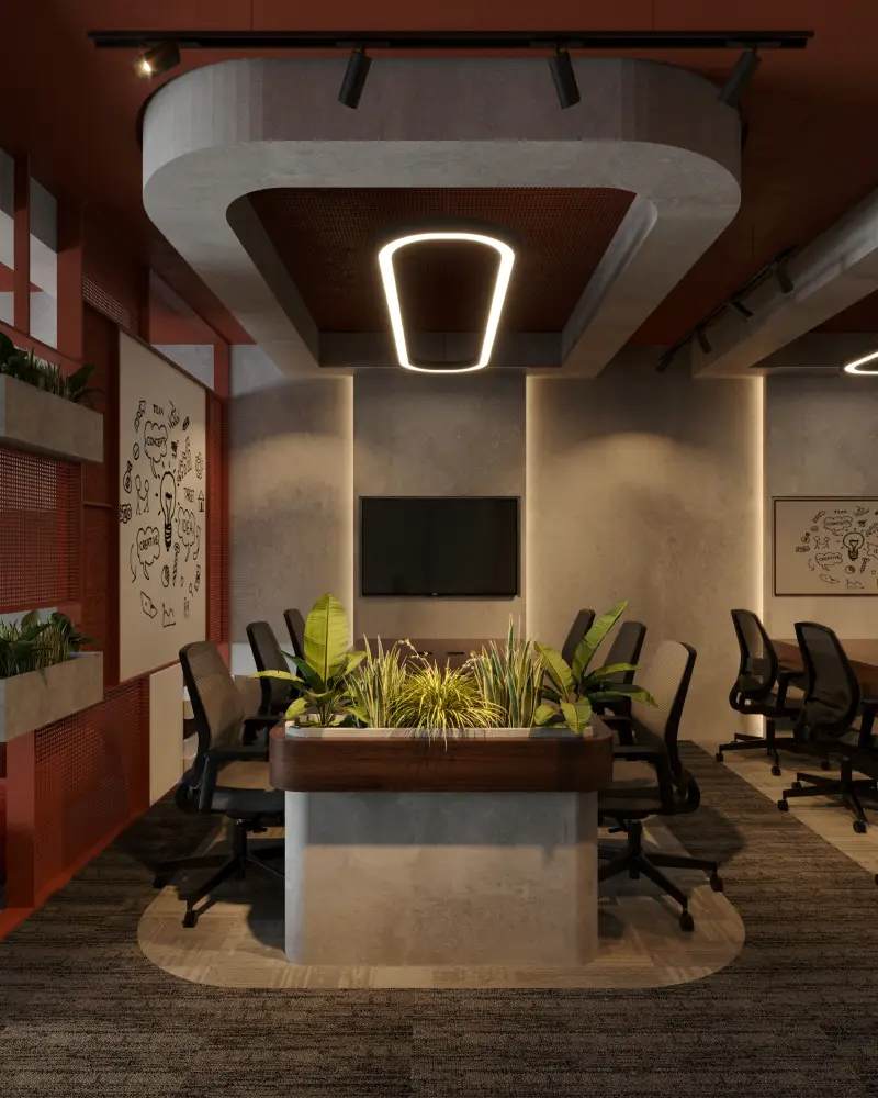 Commercial interior by BloxDot, collaborative office workspace with feature ceiling and workstations.