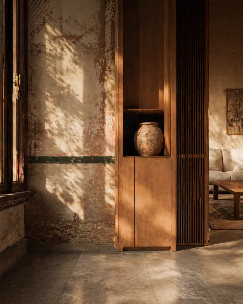 Renovation interior by BloxDot, weathered plaster wall preserved alongside new wooden cabinetry and slatted partition.