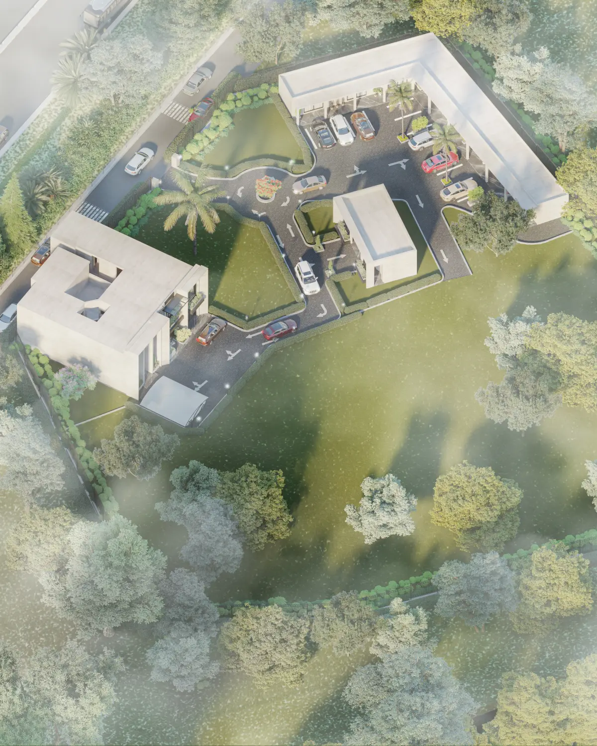 Balkasar Estate aerial site render. Residential cluster surrounded by tree lines and agricultural land across the 11-kanal site, Chakwal.