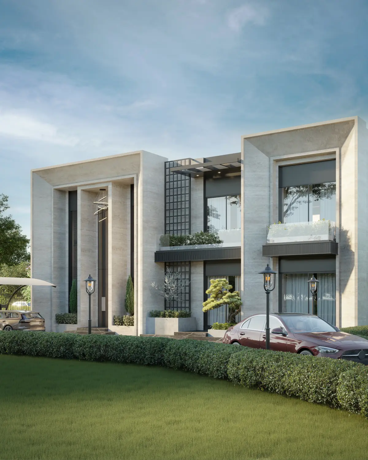 Balkasar Estate front elevation detail render. Twin volumes flanking the central portico, full-height window framing, Chakwal.