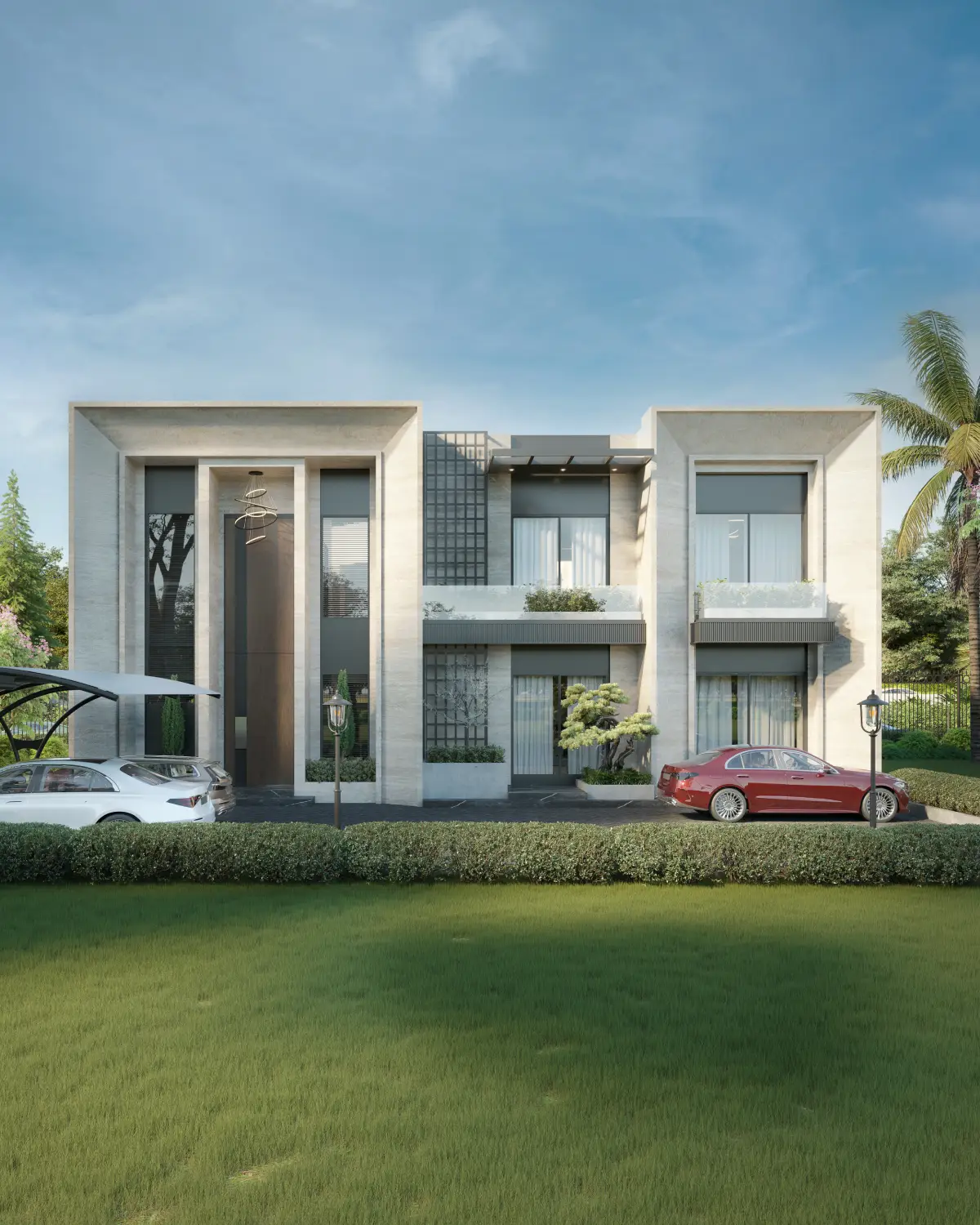Balkasar Estate front elevation render. Symmetrical two-bay façade with central monumental portico framing the entry, Neo-Classical residential estate, Chakwal.