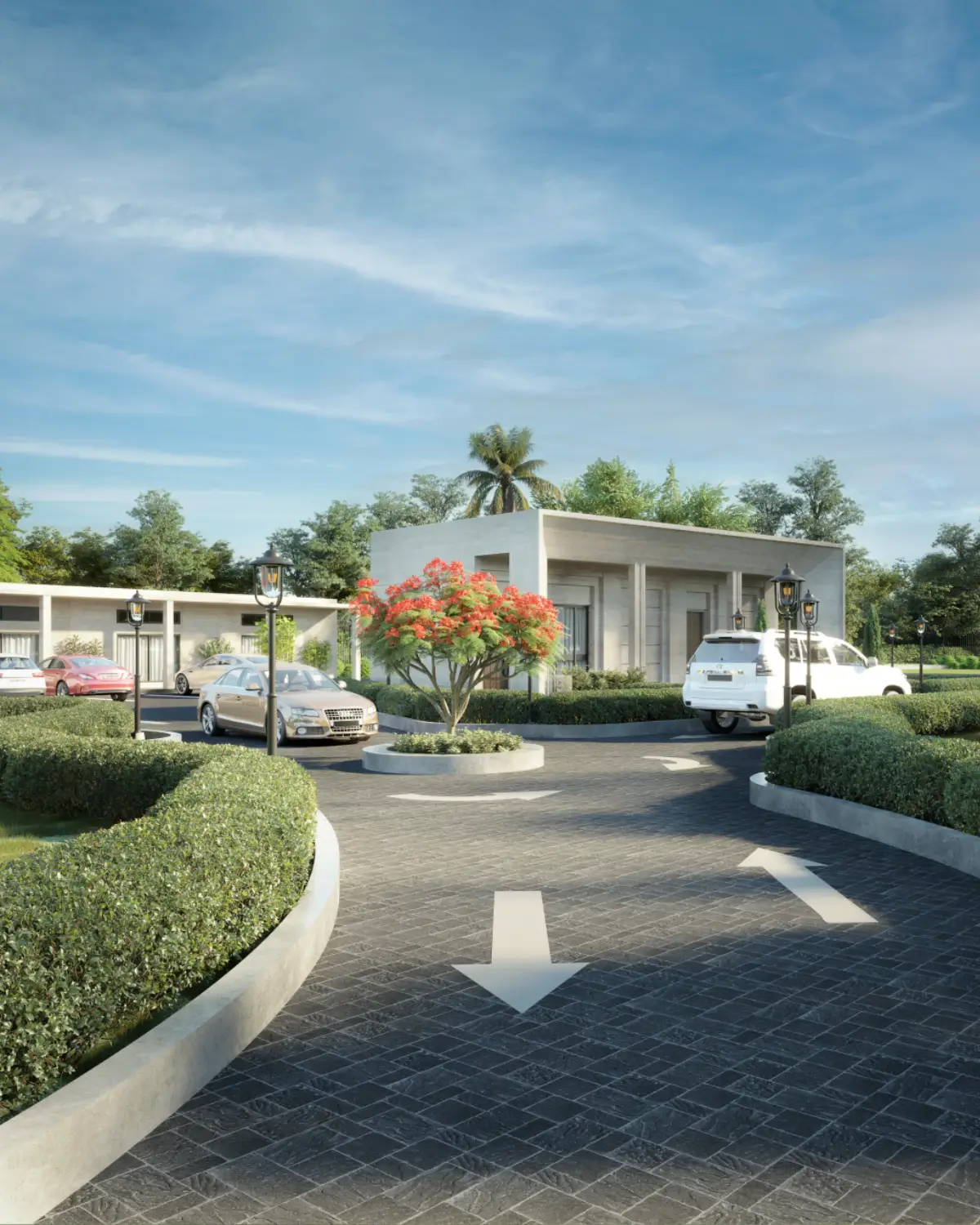 Balkasar Estate motor court render. Paved circulation around a central island with a flame tree, secondary pavilion behind, Chakwal.