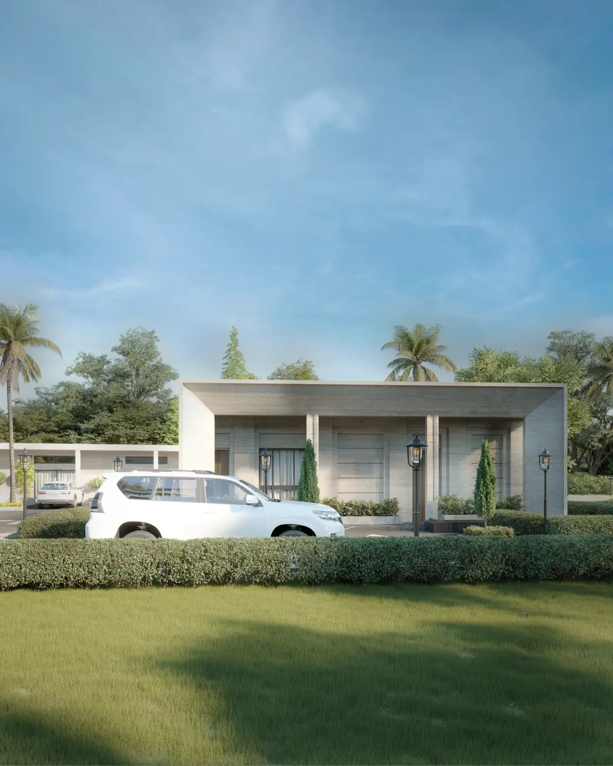 Balkasar Estate secondary pavilion render. Single-storey volume with formal entry portico, palm trees and garden lawn, Chakwal.