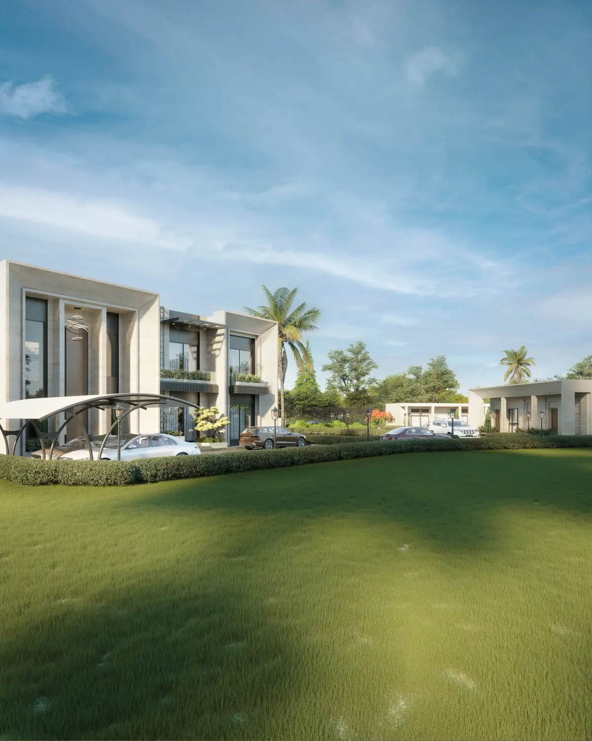 Balkasar Estate three-quarter view render. Main residence and adjacent secondary pavilion across the lawn, palm trees and trimmed hedges, Chakwal.