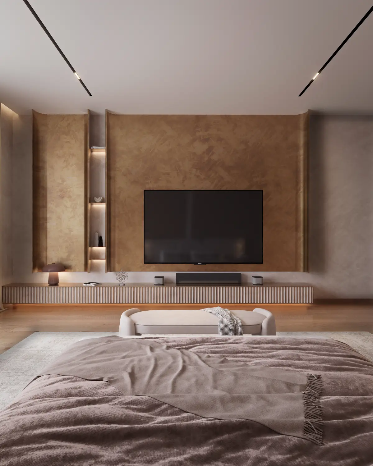 Balkasar Estate bedroom TV wall render. Curved metallic textured feature wall, integrated TV, fluted console below, Chakwal.