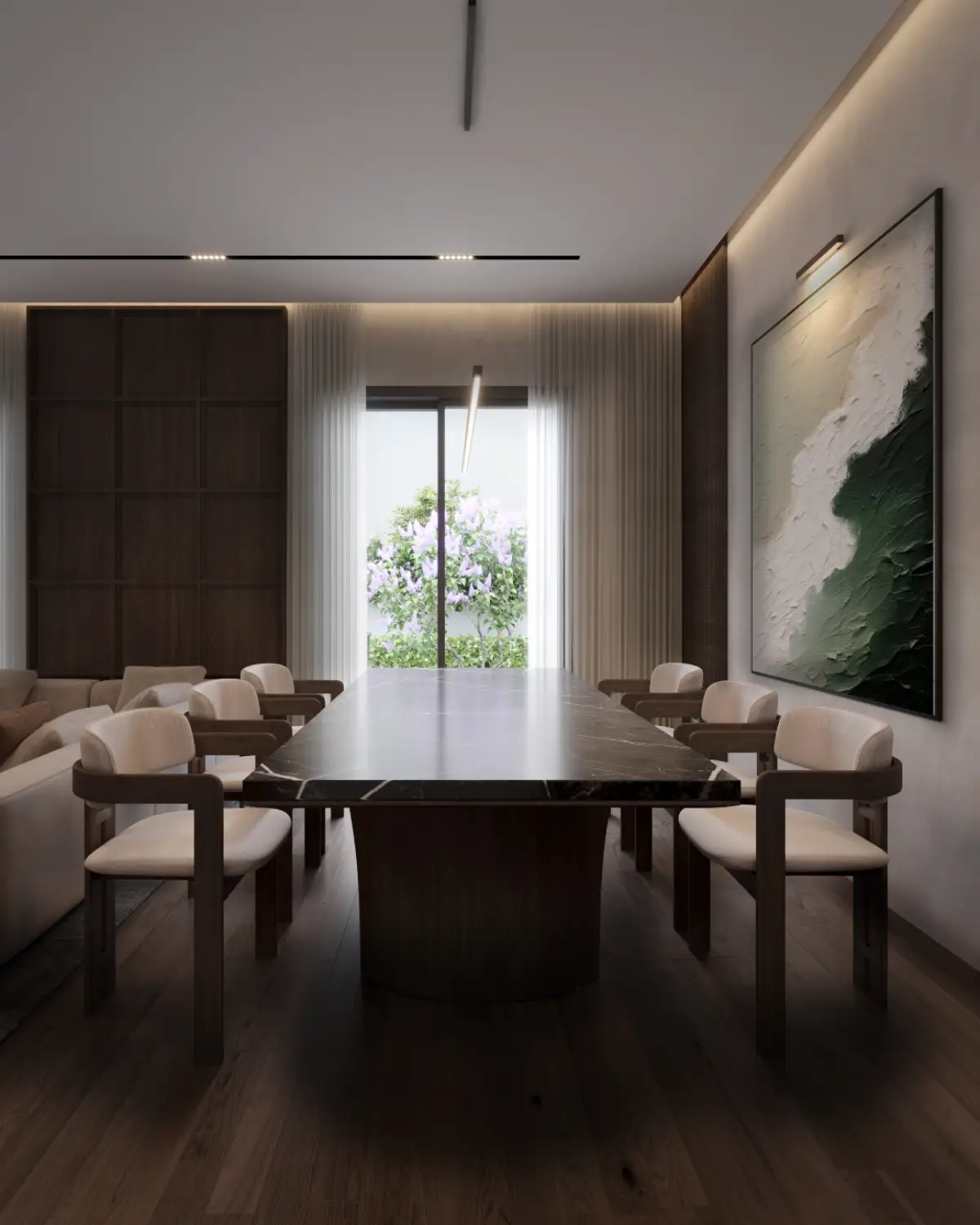 Balkasar Estate formal dining room render. Black marble dining table on pedestal base, cream upholstered chairs, abstract green textured artwork, Chakwal.