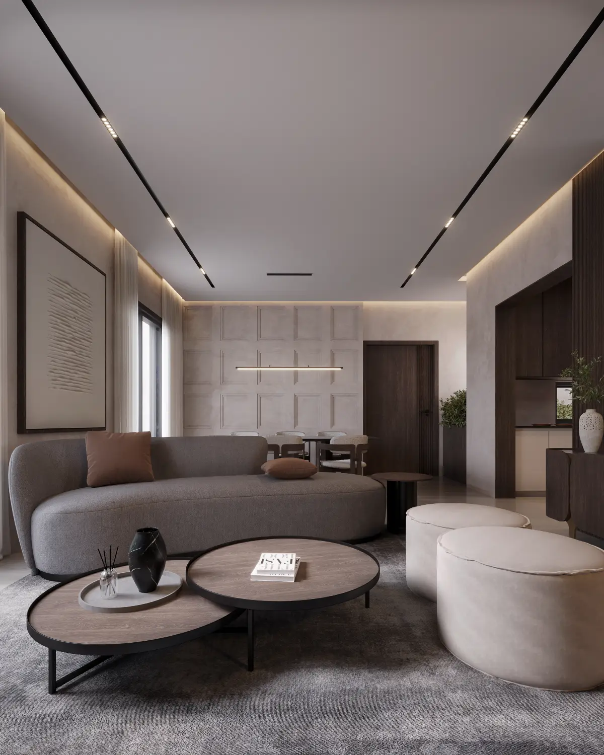 Balkasar Estate formal sitting room render. Frame-moulded paneled feature wall, curved grey sofa, twin round coffee tables, dining beyond, Chakwal.