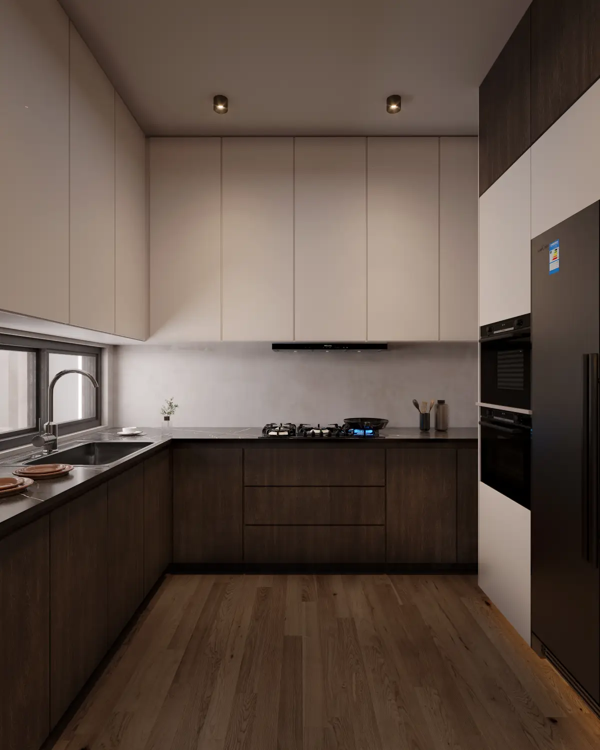 Balkasar Estate kitchen render. L-shaped layout with ivory upper cabinets, walnut lower cabinets, marble counter and integrated appliances, Chakwal.