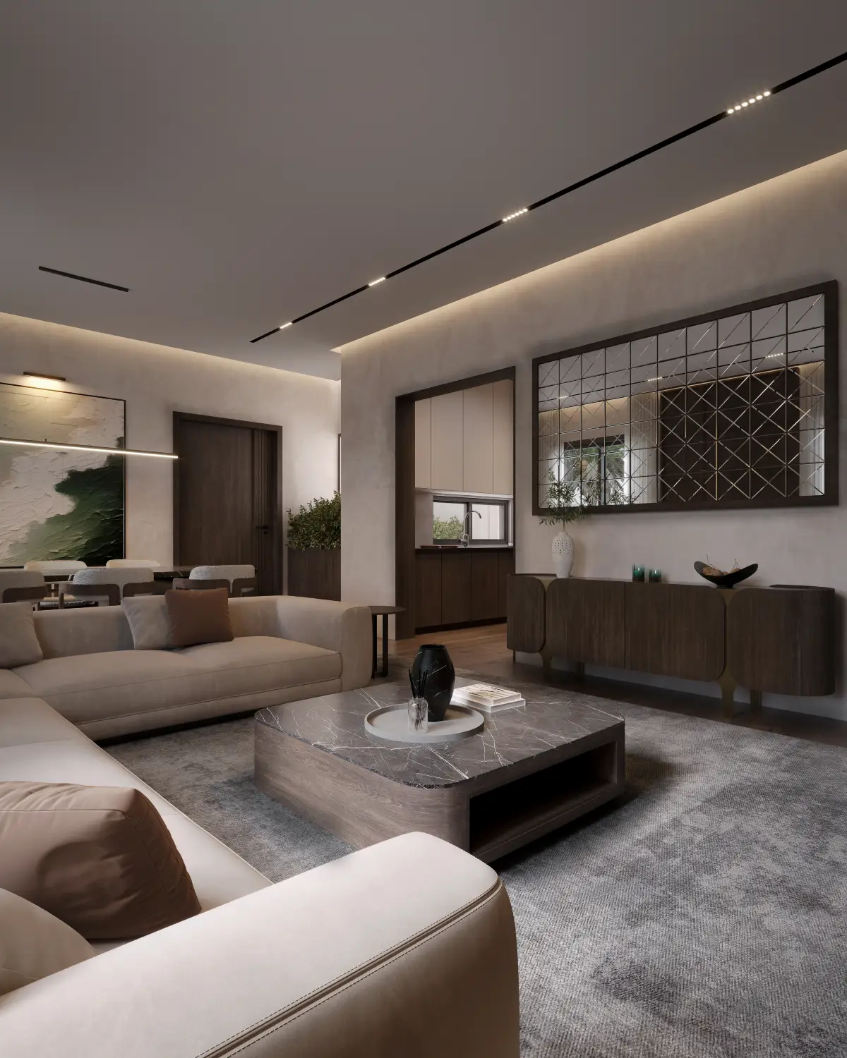 Balkasar Estate living room reverse-angle render. Credenza with decorative diamond-grid mirror panel, view through to the kitchen, Chakwal.