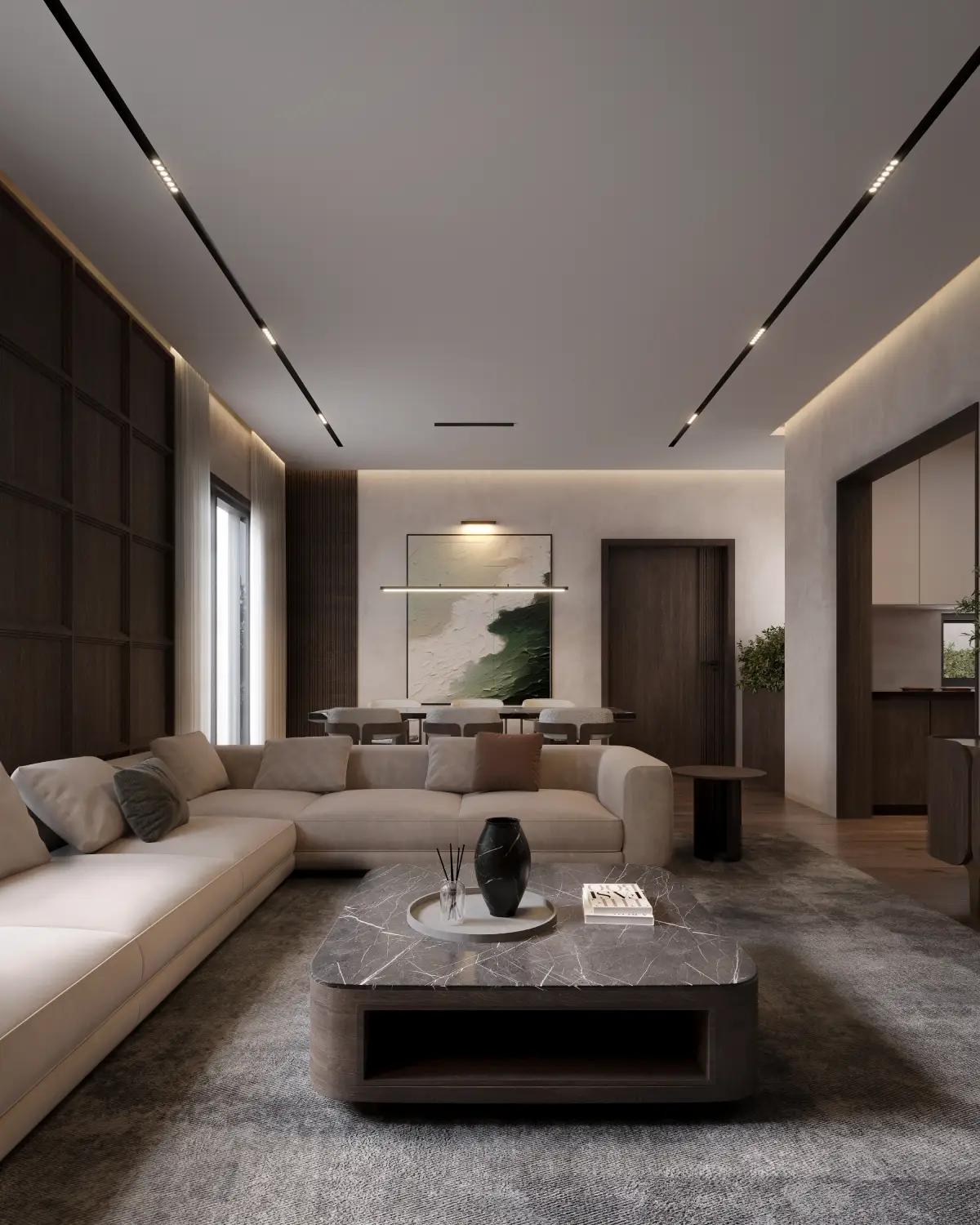 Balkasar Estate main living room render. L-shaped sofa, walnut paneled feature wall, marble coffee table with formal dining beyond, Chakwal.