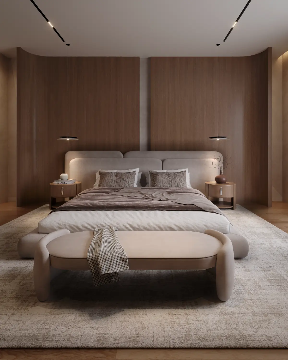 Balkasar Estate master bedroom render. Curved walnut paneled headboard wall, upholstered bed and bench, twin disc pendants, Chakwal.
