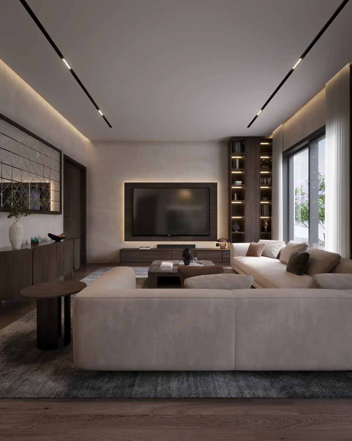 Balkasar Estate TV lounge render. Built-in TV unit, backlit bookshelf integrated into walnut joinery, full-height window to garden, Chakwal.