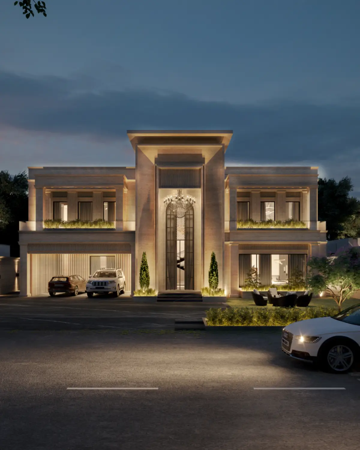 Casa Octavia front elevation at dusk render. Symmetrical limestone façade illuminated against twilight sky, chandelier glowing through the tall recessed portico, cars parked in driveway, formal residential villa, DHA Phase 6 Lahore.