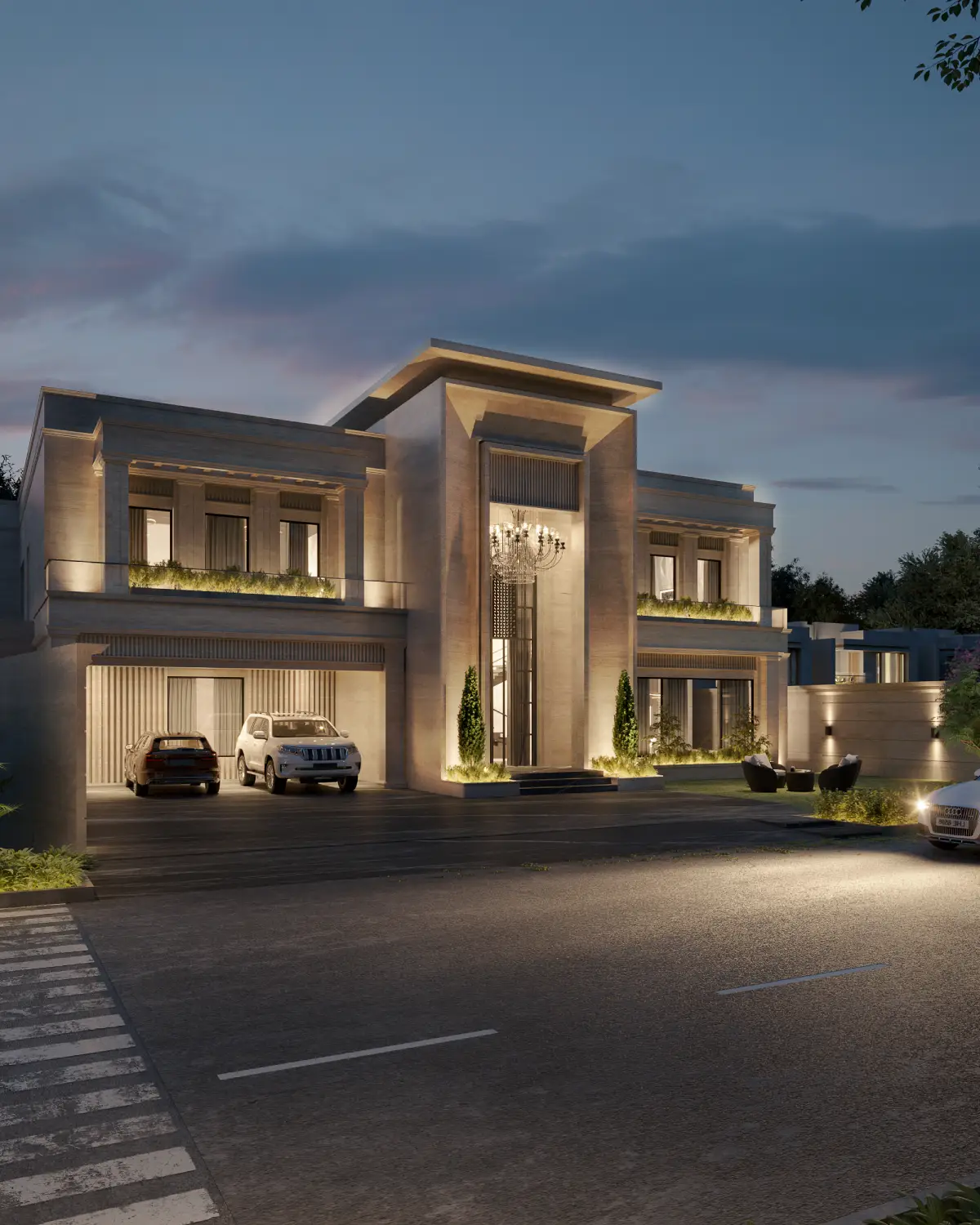 Casa Octavia front elevation three-quarter view at dusk render. Limestone façade with warm interior glow against violet twilight sky, illuminated portico revealing chandelier, formal residential villa, DHA Phase 6 Lahore.