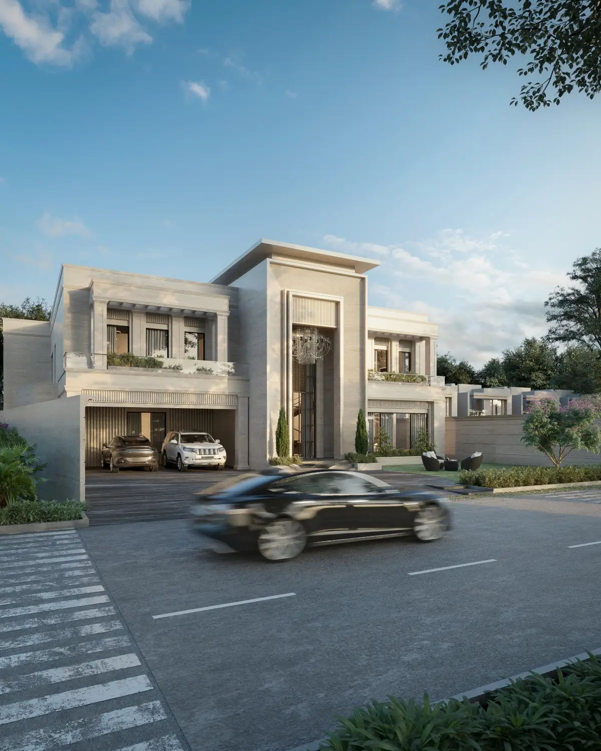 Casa Octavia front elevation three-quarter view render. Beige limestone façade with central portico, balconies and pergola visible at depth, formal residential villa, DHA Phase 6 Lahore.