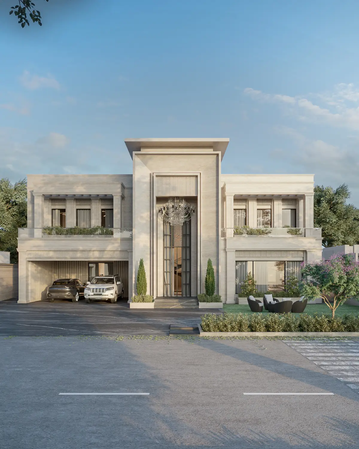 Casa Octavia front elevation render. Symmetrical two-storey façade in beige limestone and travertine with central recessed portico framing a chandelier, formal residential villa, DHA Phase 6 Lahore.