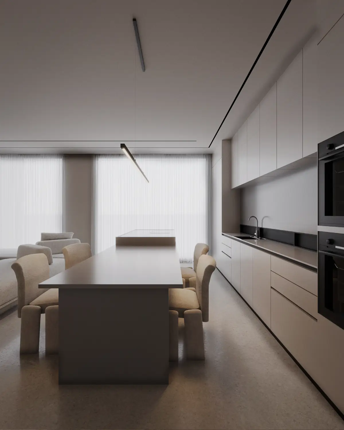 Casa Octavia galley kitchen and dining axial view render. White cabinetry on right, walnut dining chairs around long table, full-height window with sheer drapes, residential interior, DHA Phase 6 Lahore.