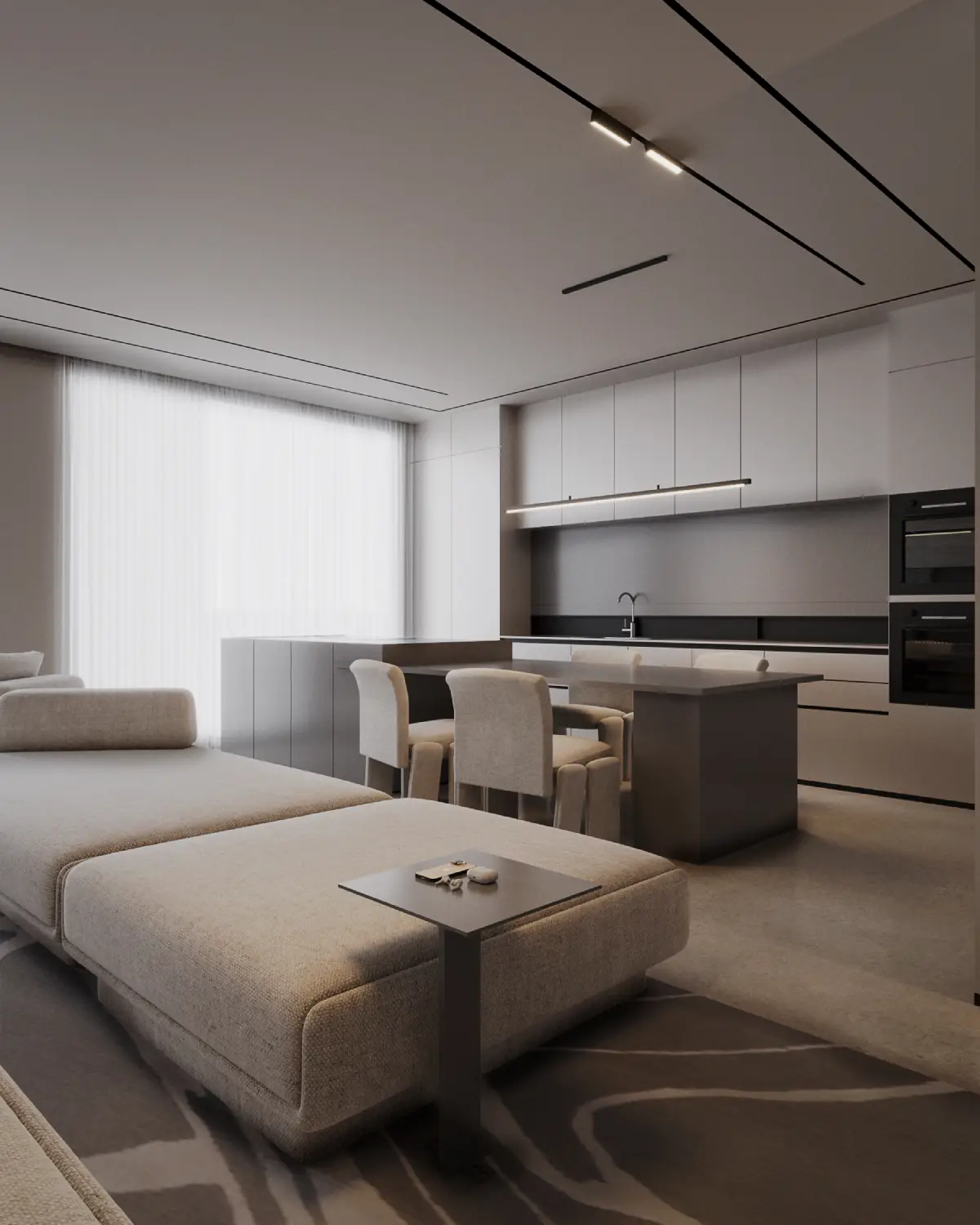 Casa Octavia kitchen and living transition render. Low daybed-style sectional facing kitchen island, integrated dining beyond, residential interior, DHA Phase 6 Lahore.