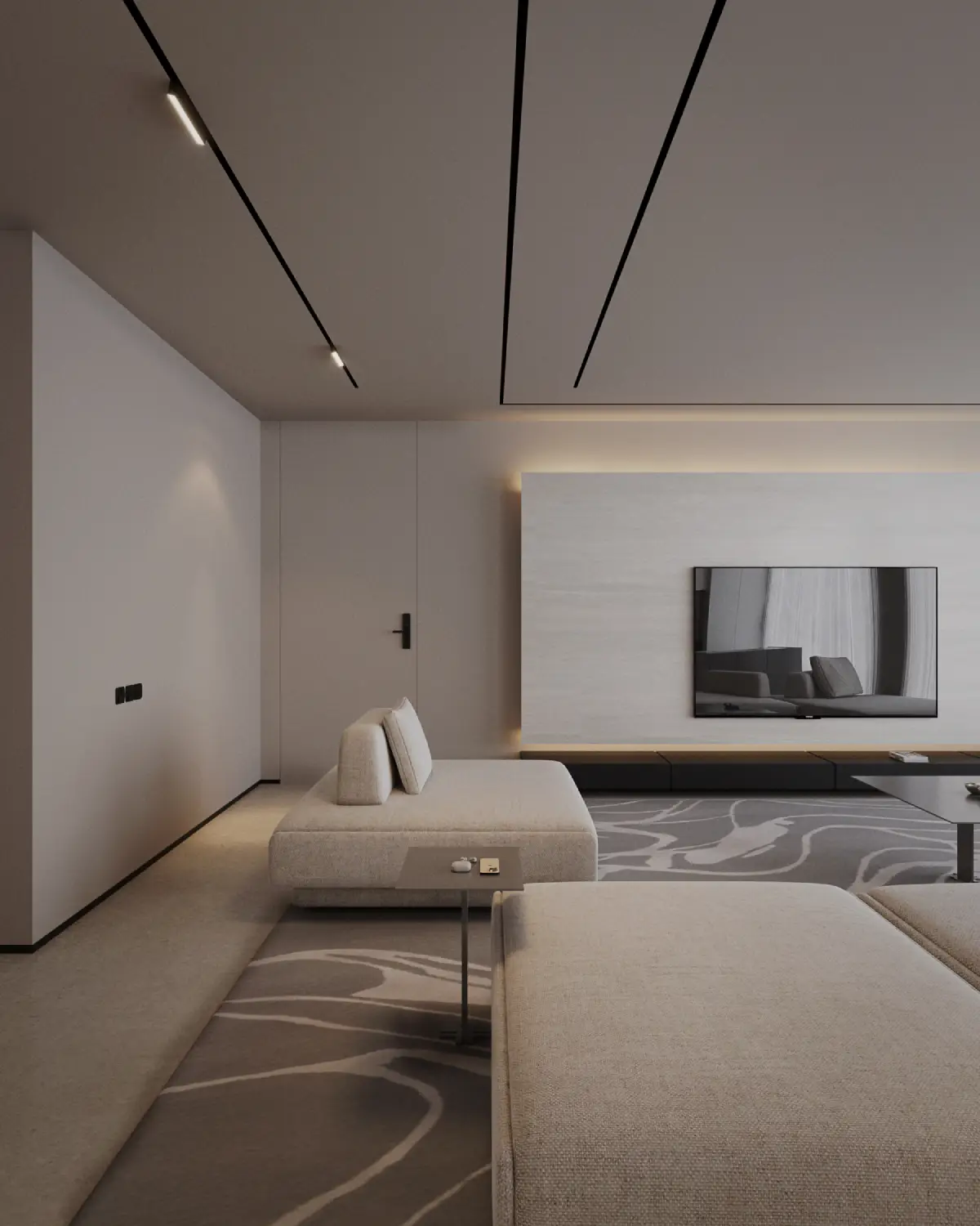 Casa Octavia living room TV wall render. Tall travertine feature panel with mounted TV, low banquette sofa, warm linear cove lighting, residential interior, DHA Phase 6 Lahore.