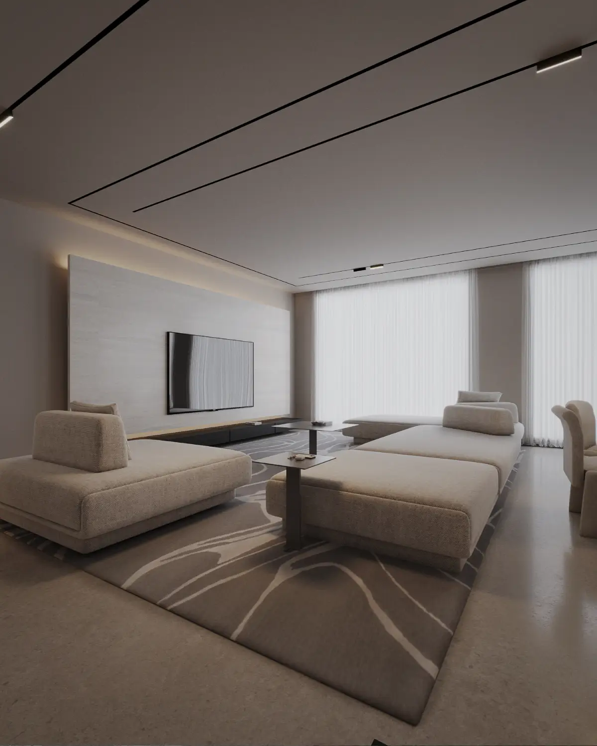 Casa Octavia living room render. Low-profile beige sectional sofa, travertine TV feature wall, full-height drapes, abstract wave-pattern rug, residential interior, DHA Phase 6 Lahore.