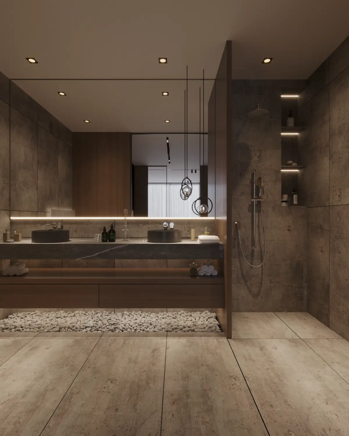 Casa Octavia master bathroom render. Twin black-stone vessel sinks on dark walnut vanity, full-height mirror, rainfall shower, recessed niche shelving, pebble strip detail, residential interior, DHA Phase 6 Lahore.