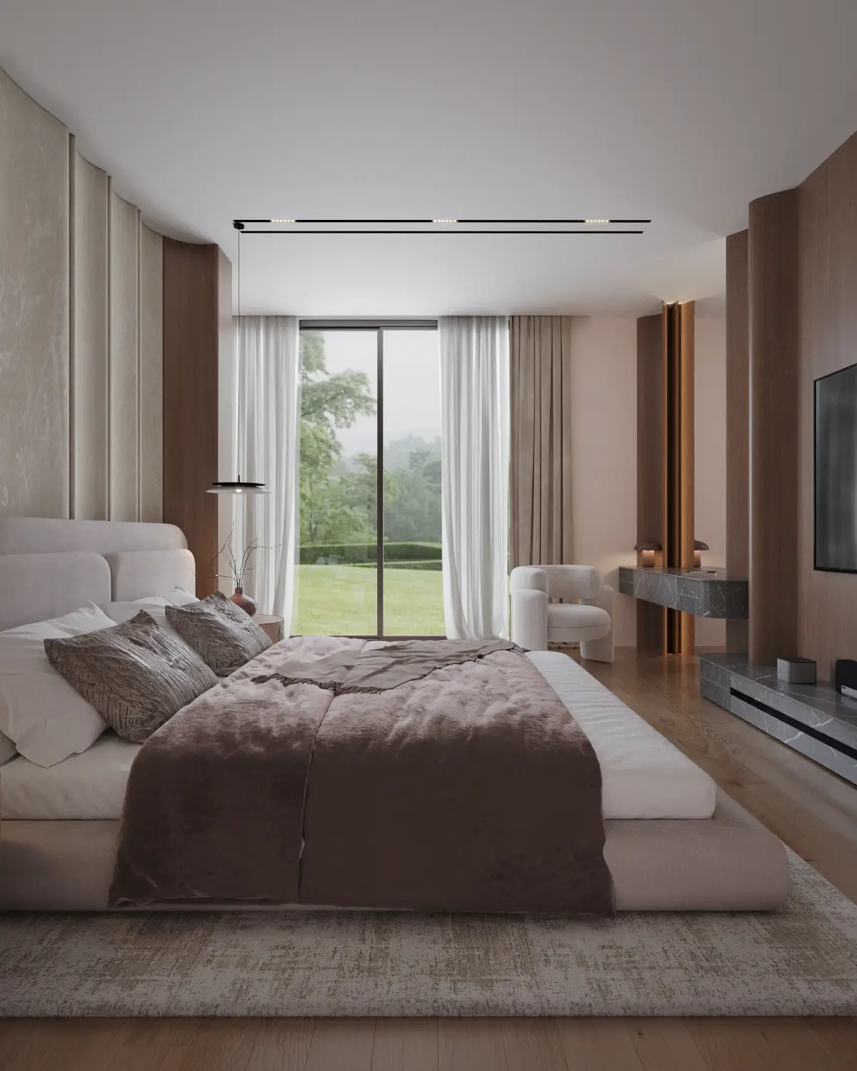Casa Octavia master bedroom with garden view render. Bed facing full-height window to greenery, walnut feature wall, marble TV plinth, residential interior, DHA Phase 6 Lahore.
