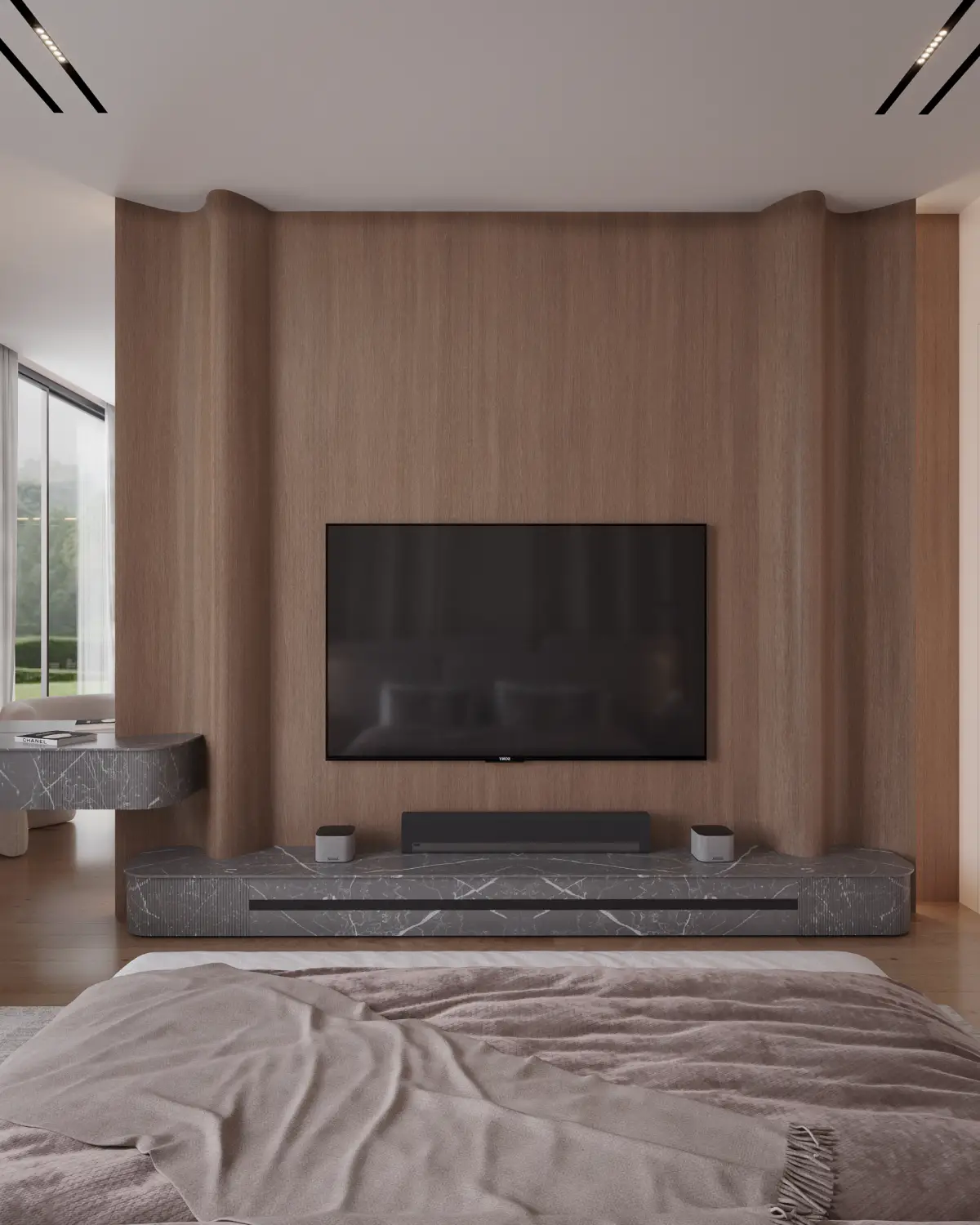 Casa Octavia master bedroom TV wall render. Wood-paneled feature wall behind TV, marble base console, soft beige throw on platform bed, residential interior, DHA Phase 6 Lahore.