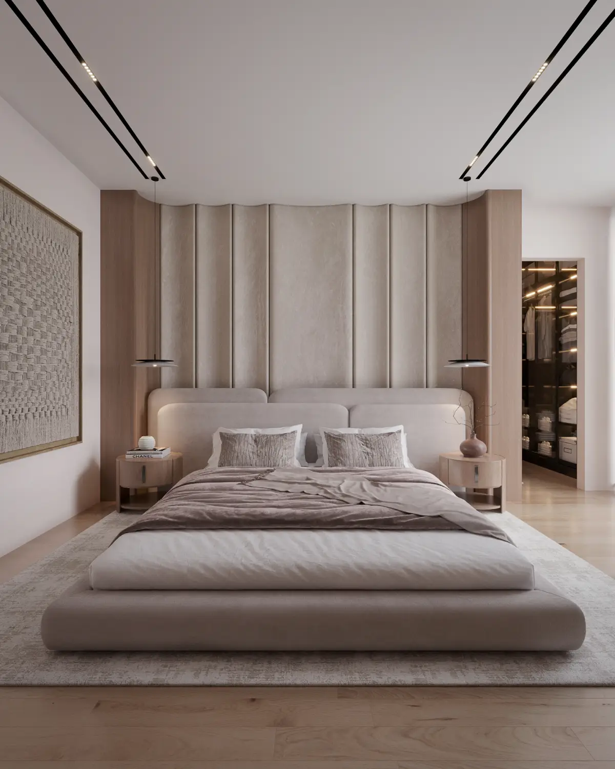 Casa Octavia master bedroom render. Curved channel-tufted upholstered headboard wall, low platform bed, walnut nightstands with disc pendants, framed textile artwork, residential interior, DHA Phase 6 Lahore.