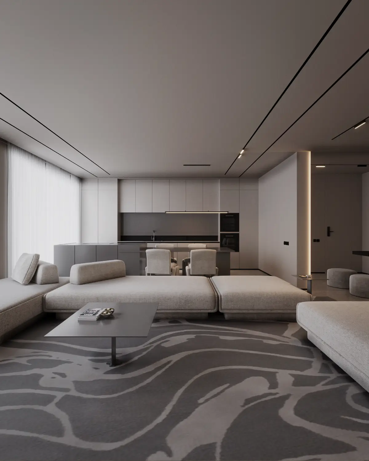 Casa Octavia open-plan kitchen and living render. White minimalist kitchen with island, low beige sectional in foreground, dining table beyond, contemporary linear ceiling lighting, residential interior, DHA Phase 6 Lahore.