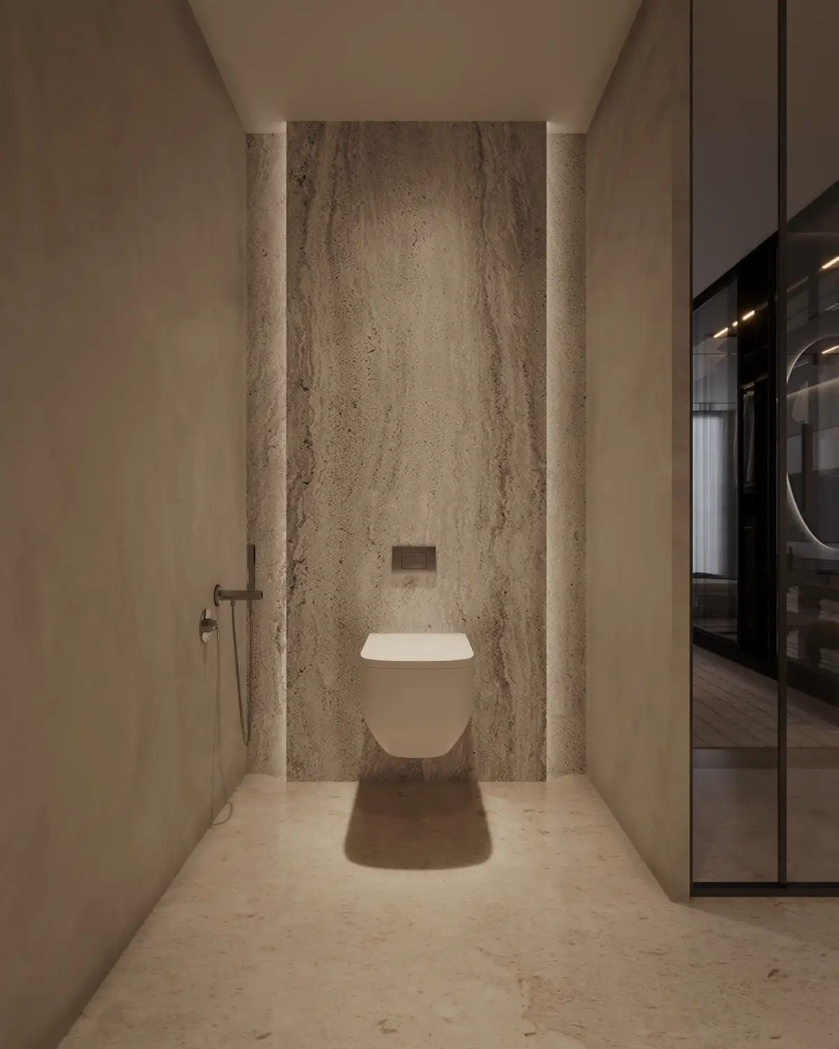 Casa Octavia powder room with twin pedestal sinks render. Travertine pedestal vessel sinks under twin oval backlit mirrors, textured plaster wall, residential interior, DHA Phase 6 Lahore.