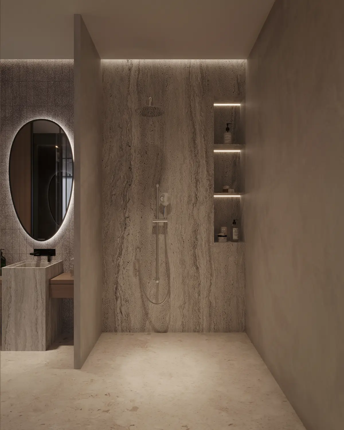 Casa Octavia powder room render. Travertine feature wall with wall-hung WC, soft plaster perimeter, oval backlit mirror visible through partition, residential interior, DHA Phase 6 Lahore.