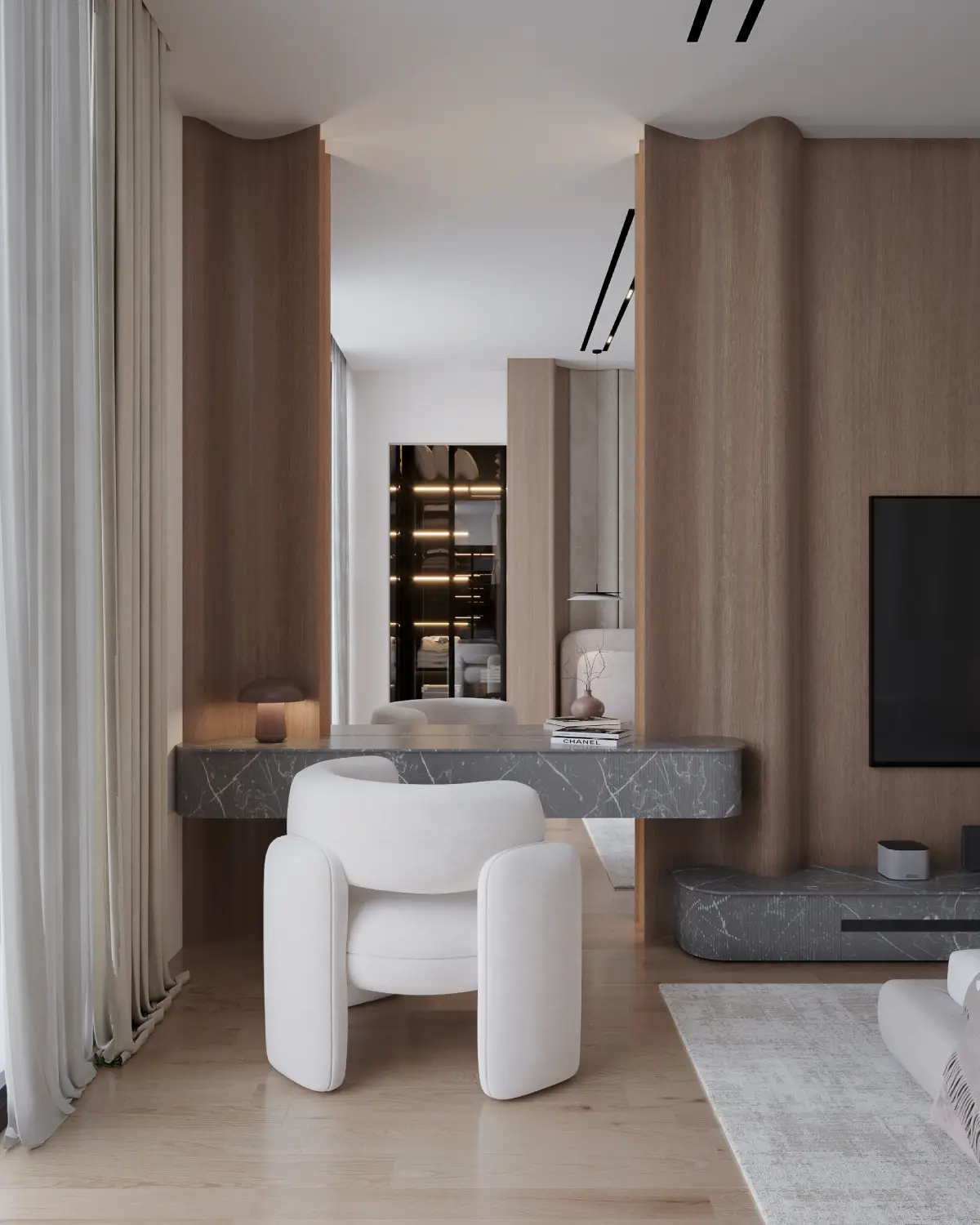 Casa Octavia vanity and office render. Marble desk with sculptural curved white chair, walnut fluted partition, view to dressing area beyond, residential interior, DHA Phase 6 Lahore.