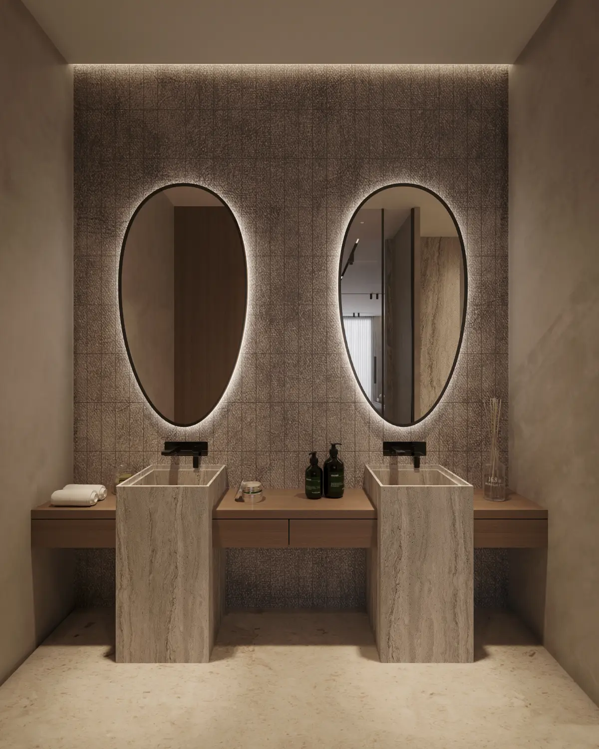 Casa Octavia WC detail render. Travertine feature wall with wall-hung white toilet, soft plaster perimeter, residential interior, DHA Phase 6 Lahore.