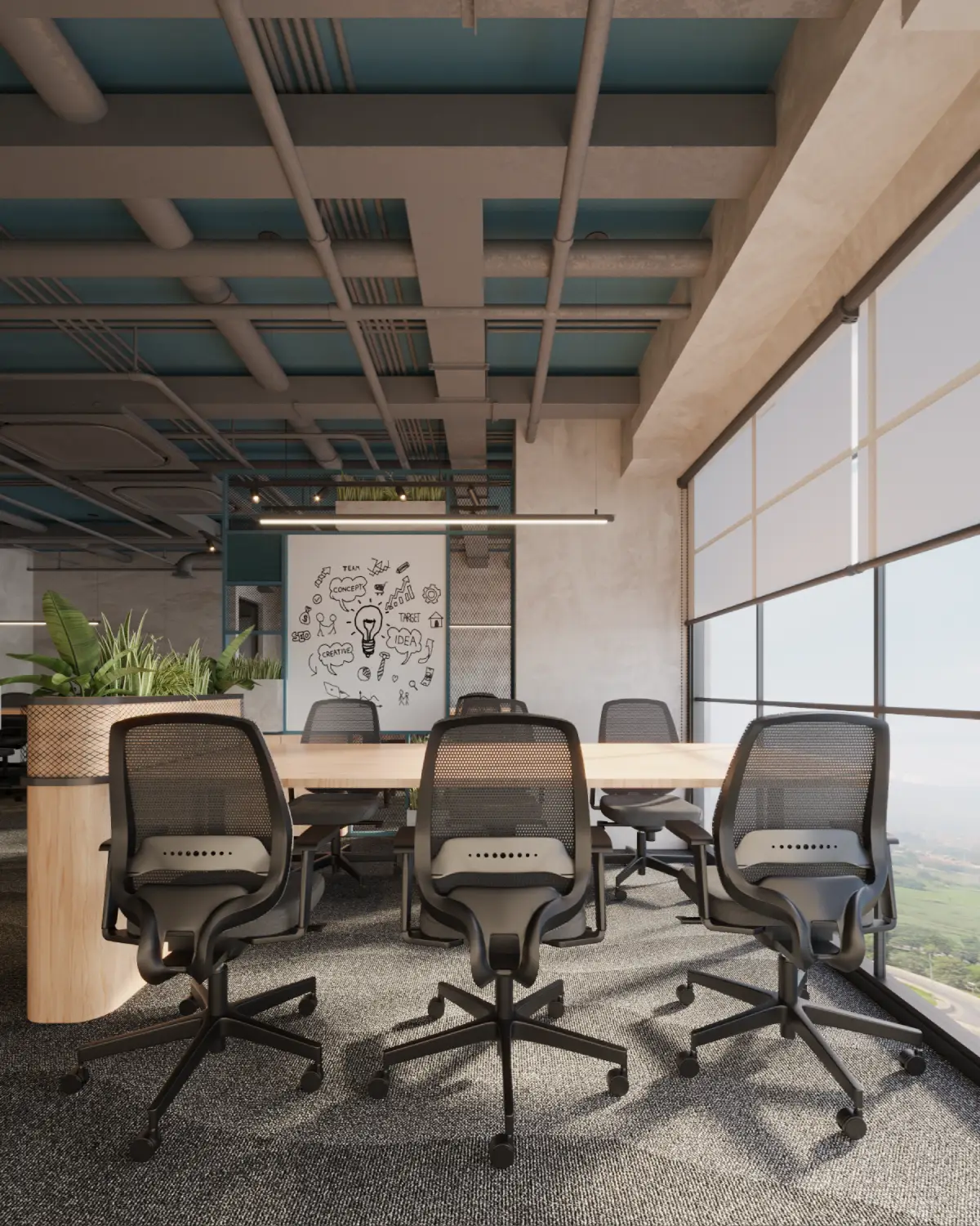 Global Bloom conference room with city view render. Mesh task chairs around walnut table, framed creative-process artwork, full-height windows overlooking Karachi skyline, corporate fitout.