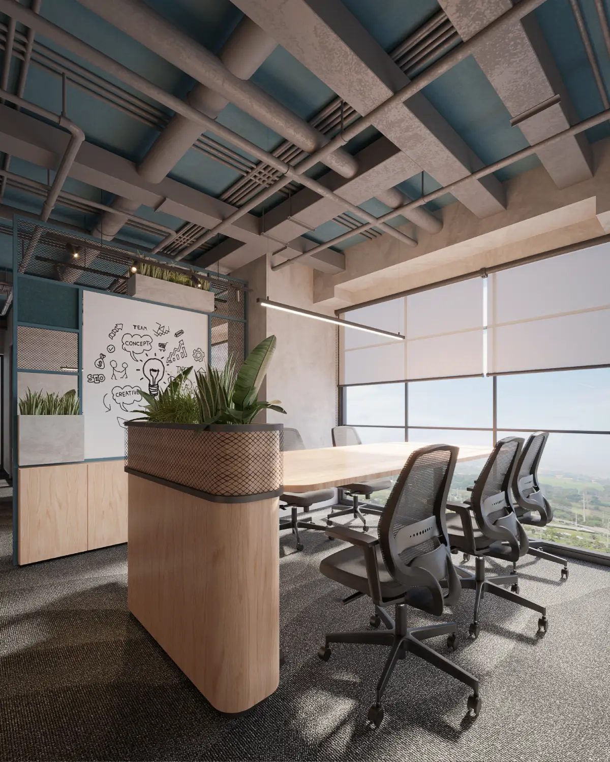 Global Bloom conference room render. Walnut boardroom table with mesh task chairs, doodle whiteboard, exposed teal ceiling, full-height windows to city skyline, corporate fitout, Karachi.