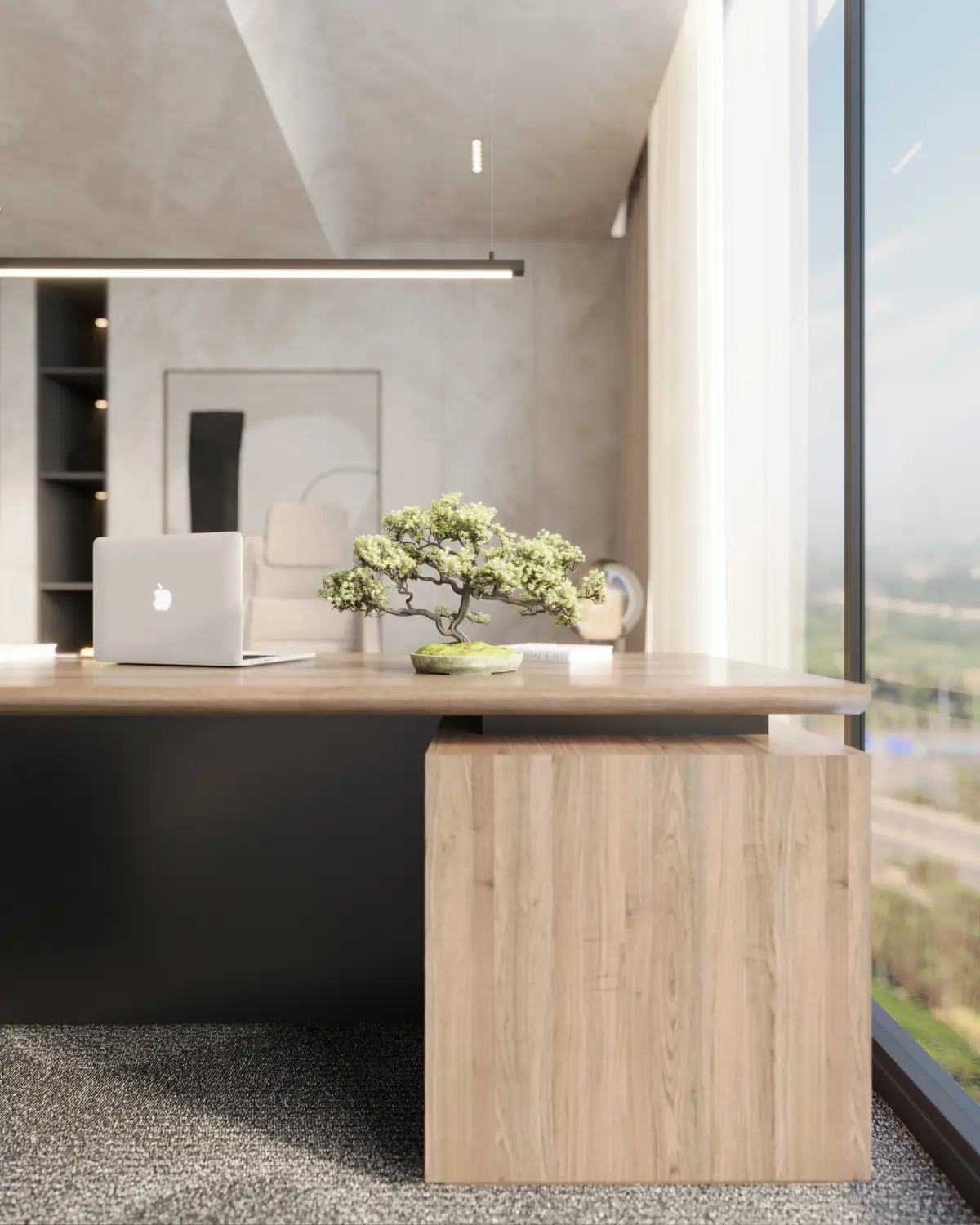 Global Bloom executive desk detail render. Bonsai tree centerpiece on walnut desk with laptop, full-height window with city view, soft plaster walls, corporate fitout, Karachi.