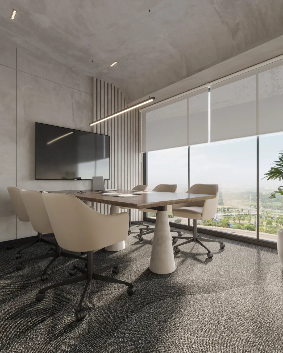 Global Bloom meeting room alternate angle render. Walnut conference table on funnel base with twin beige upholstered chairs, fluted accent wall detail, corporate fitout, Karachi.