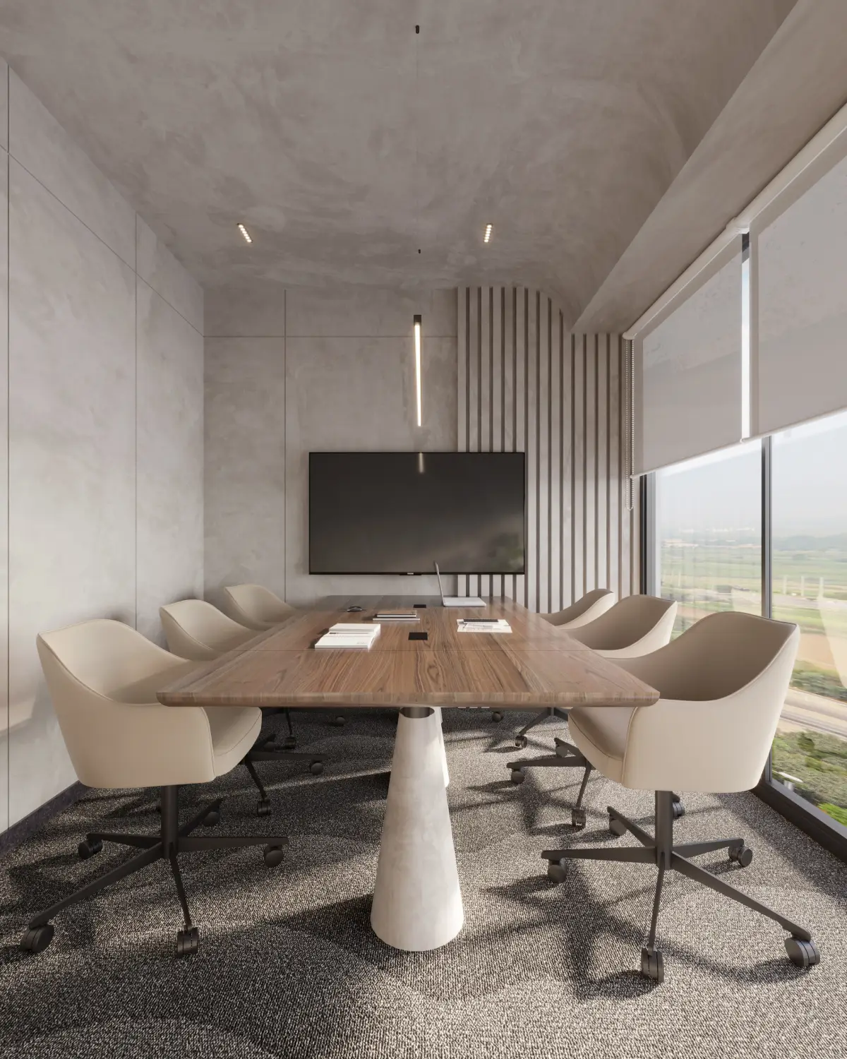 Global Bloom meeting room render. Beige upholstered chairs around walnut table with funnel base, ceiling-mounted TV, fluted accent wall, city view, corporate fitout, Karachi.