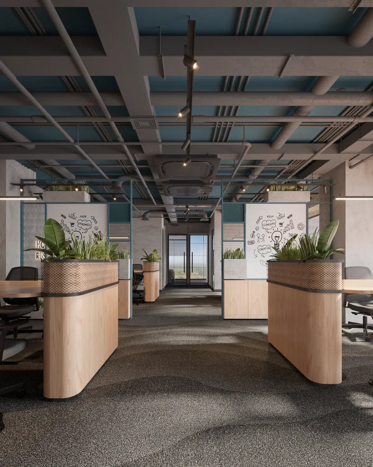 Global Bloom open workspace render. Workstation pods with curved planted partitions, creative-process doodle wall, exposed teal-painted ceiling pipes, biophilic corporate fitout, Karachi.