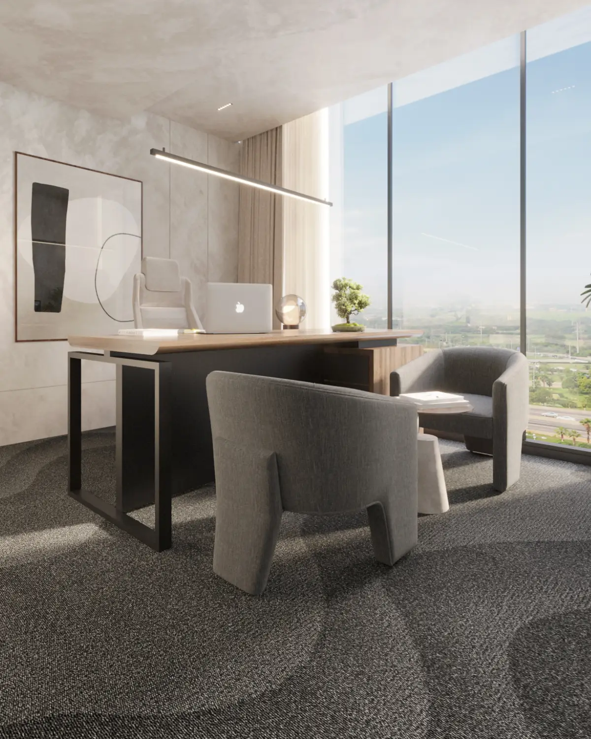 Global Bloom private office render. Walnut executive desk with twin grey upholstered visitor chairs, framed artwork, full-height window to city skyline, corporate fitout, Karachi.