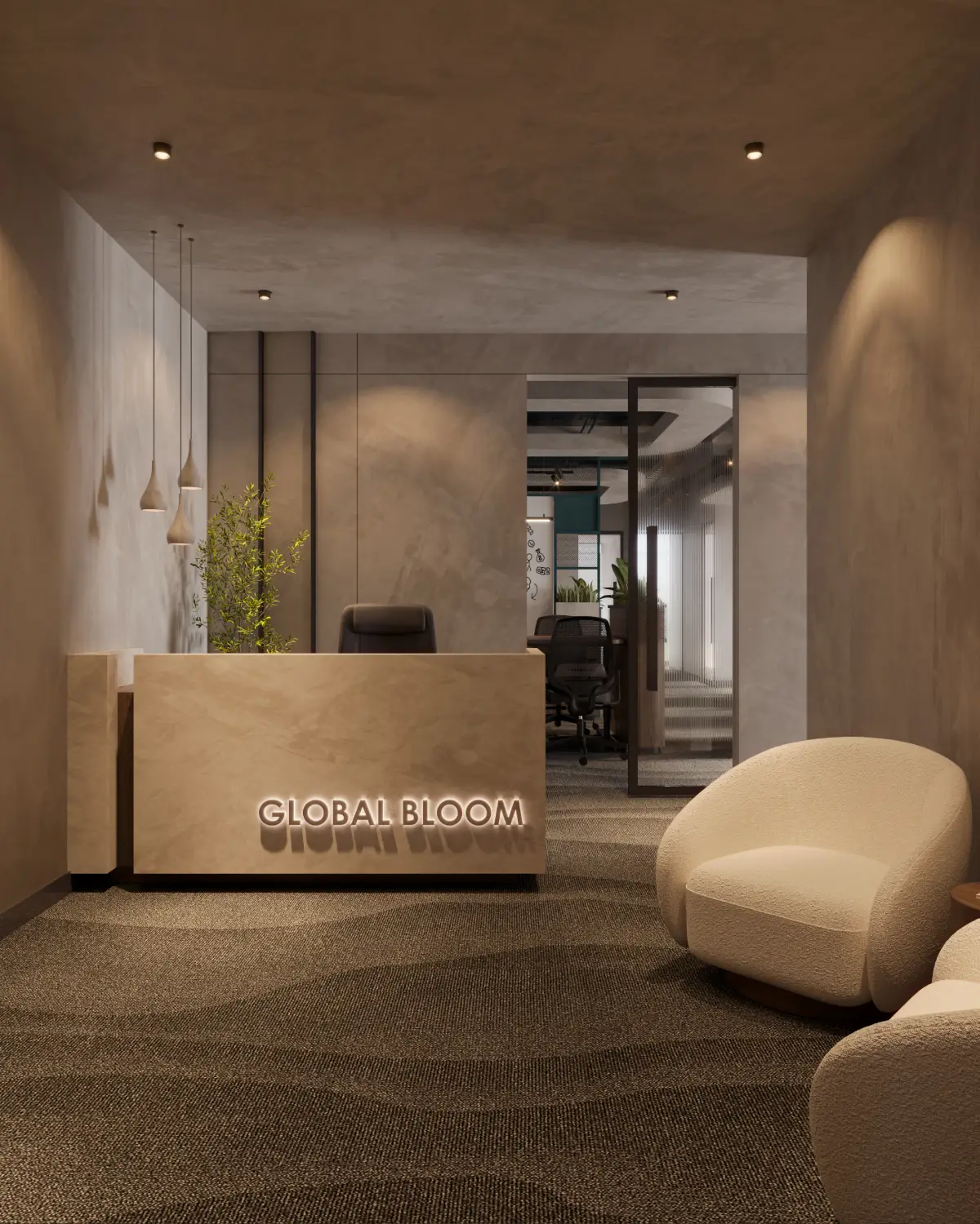 Global Bloom reception render. Illuminated brand logo wall in travertine, walnut reception desk, cream boucle lounge chair, corporate fitout, Karachi.