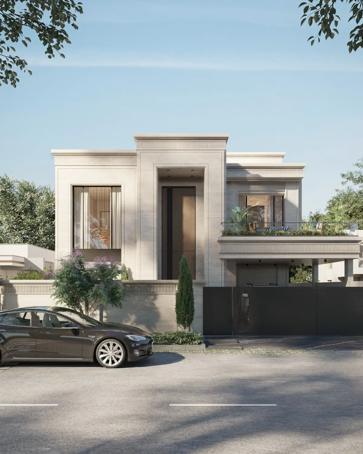 Greystone Villa front elevation in daylight render. Symmetrical neoclassical façade with central portico and two-storey volumes flanking, parked sedan, Lahore.