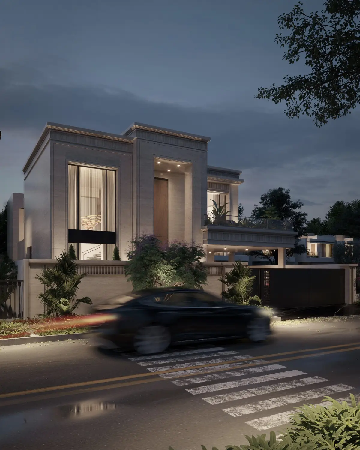 Greystone Villa front elevation at dusk render. Travertine façade with backlit window framing and vehicle in motion blur, residential villa, Lahore.
