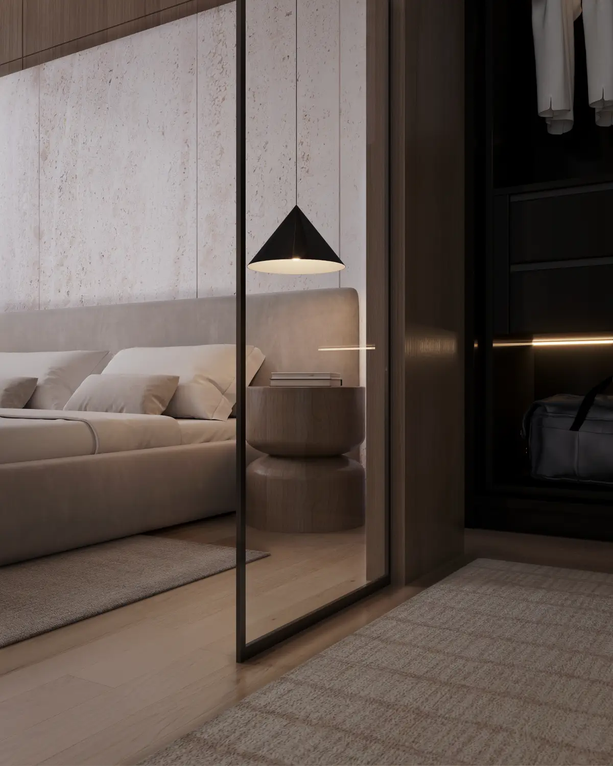 Greystone Villa bedroom corner render. Conical pendant lamp above a fluted walnut nightstand by an upholstered bed, glass partition to dressing area, residential interior, Lahore.