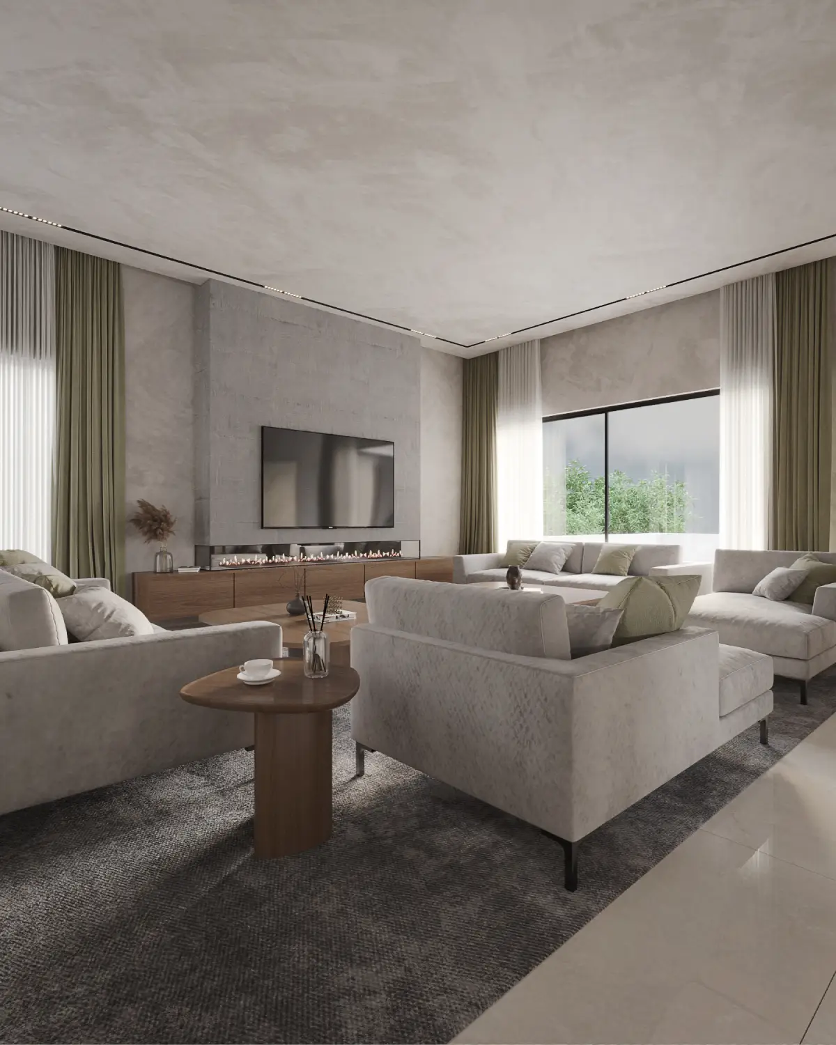 Greystone Villa family lounge render. Three-piece cream sectional facing the TV and bio-fireplace, sage curtains, walnut media console, residential interior, Lahore.